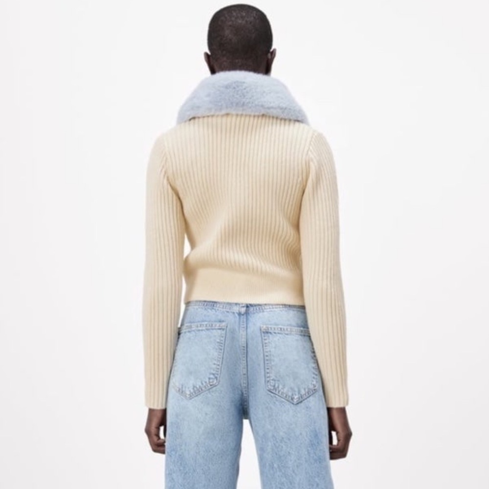 Cream Ribbed Button-Front Sweater with Light Blue Faux Fur Collar - Picture 5 of 12